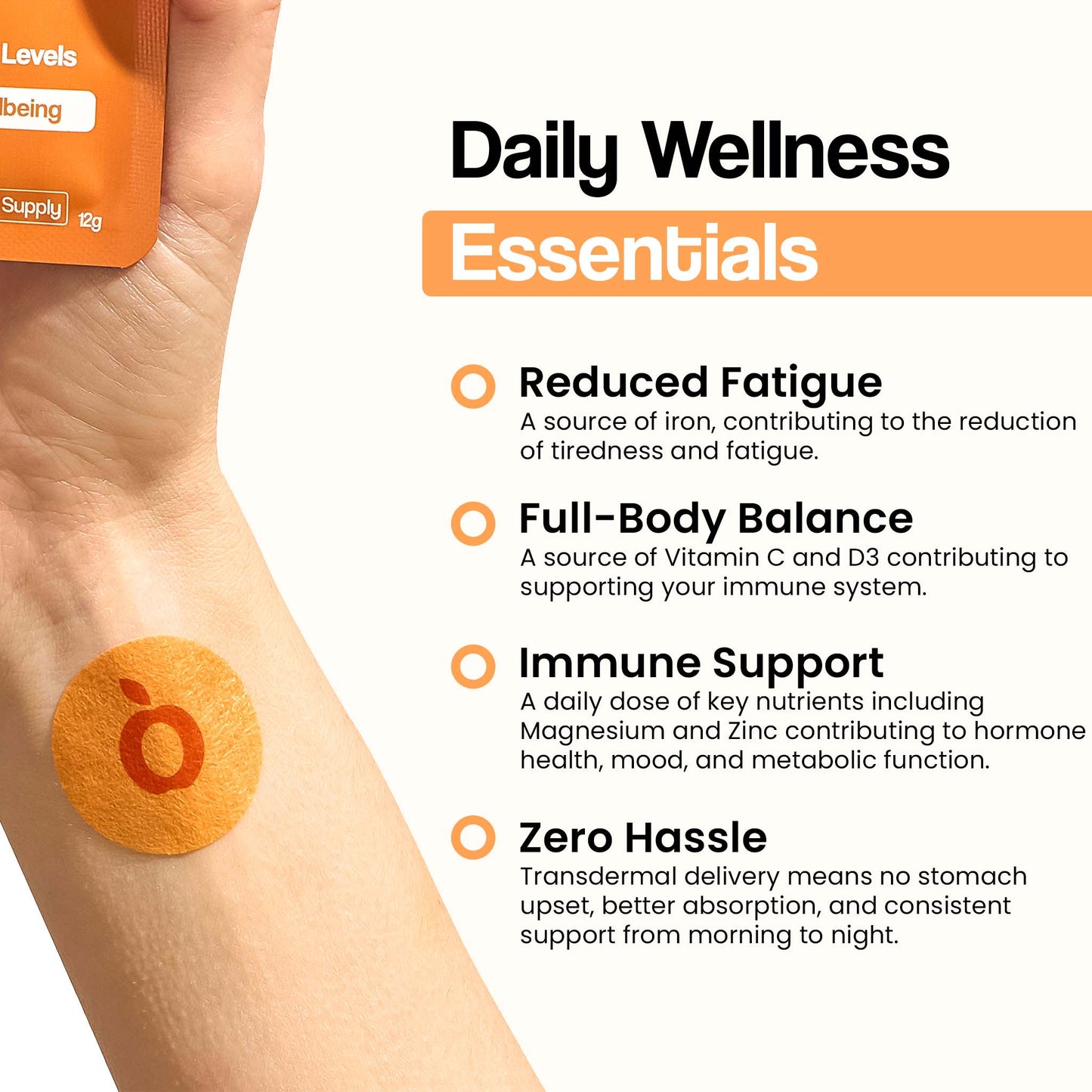 A person's arm with a patch, next to a list of the patch's benefits.