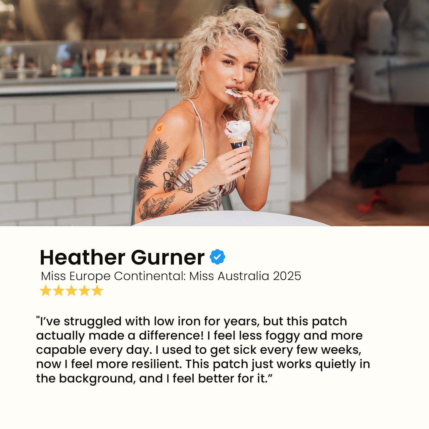 Heather Gurner, Miss Europe Continental, eating ice cream with a VytaDose patch on her arm.