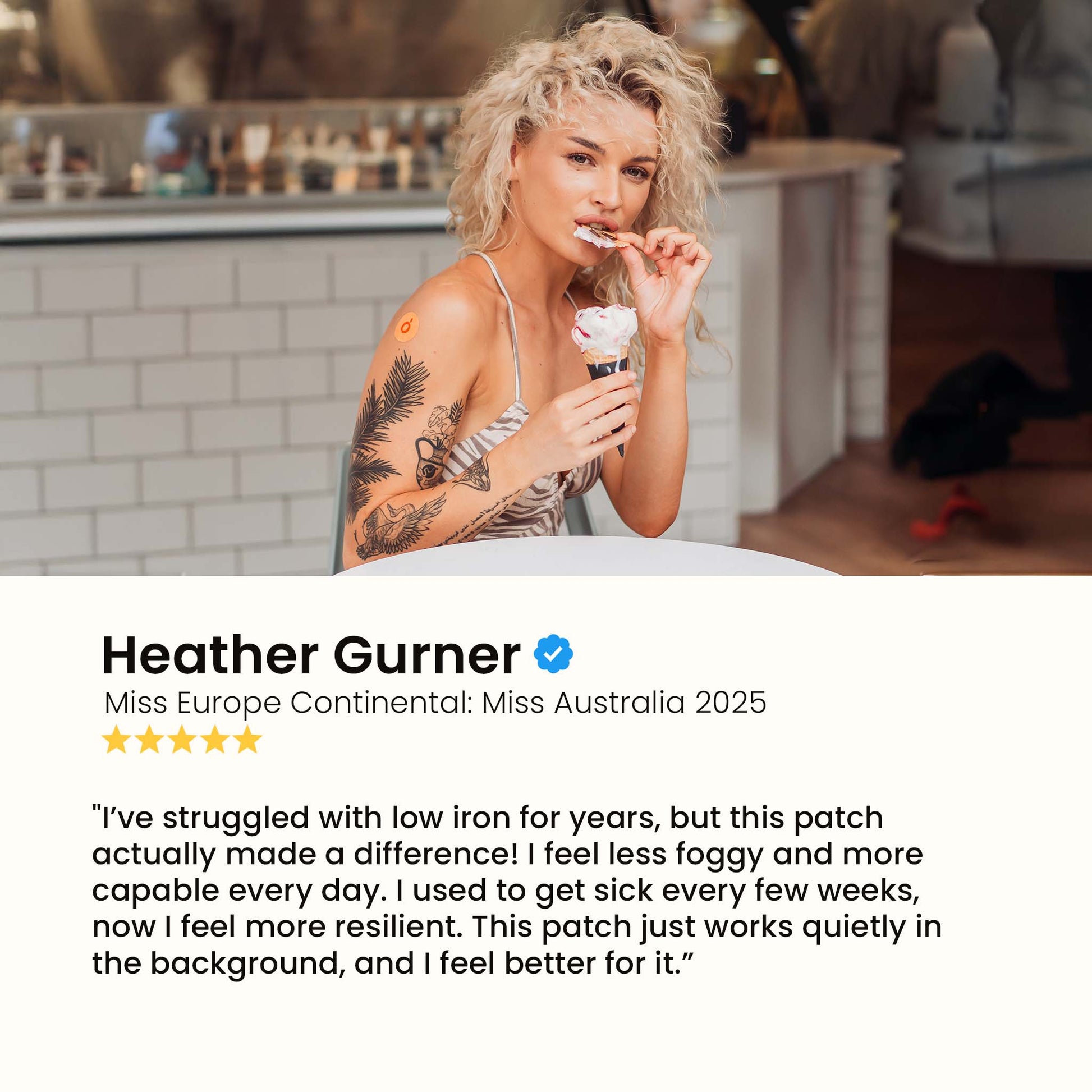 Heather Gurner, Miss Europe Continental, eating ice cream with a VytaDose patch on her arm.