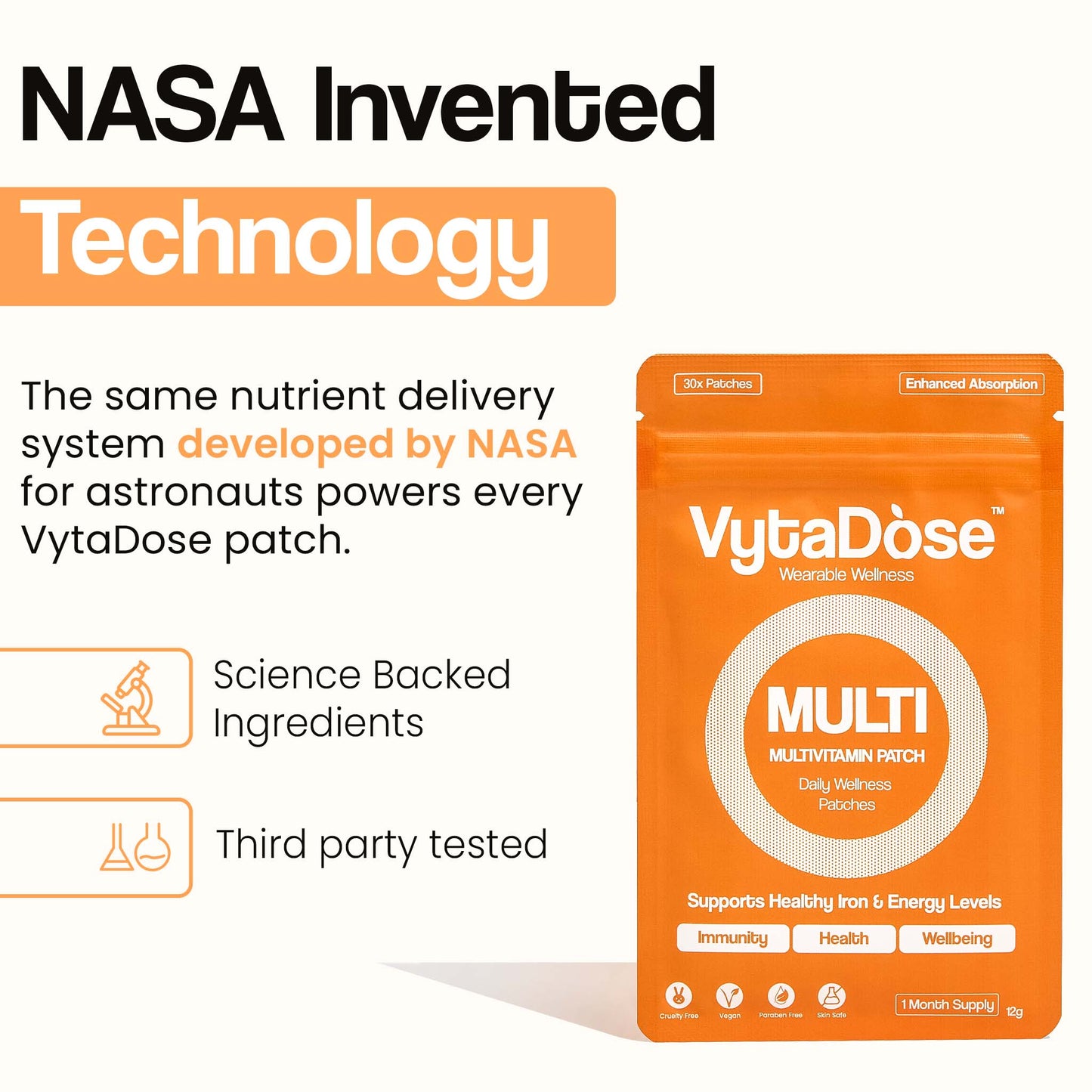An infographic highlighting that the VytaDose patch uses NASA-invented technology for nutrient delivery.