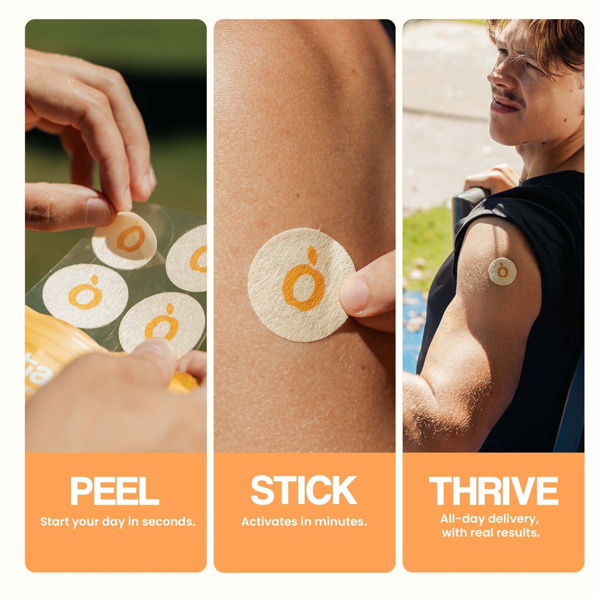 A three-panel image showing the steps: Peel a patch, Stick it on your arm, and Thrive with the results.